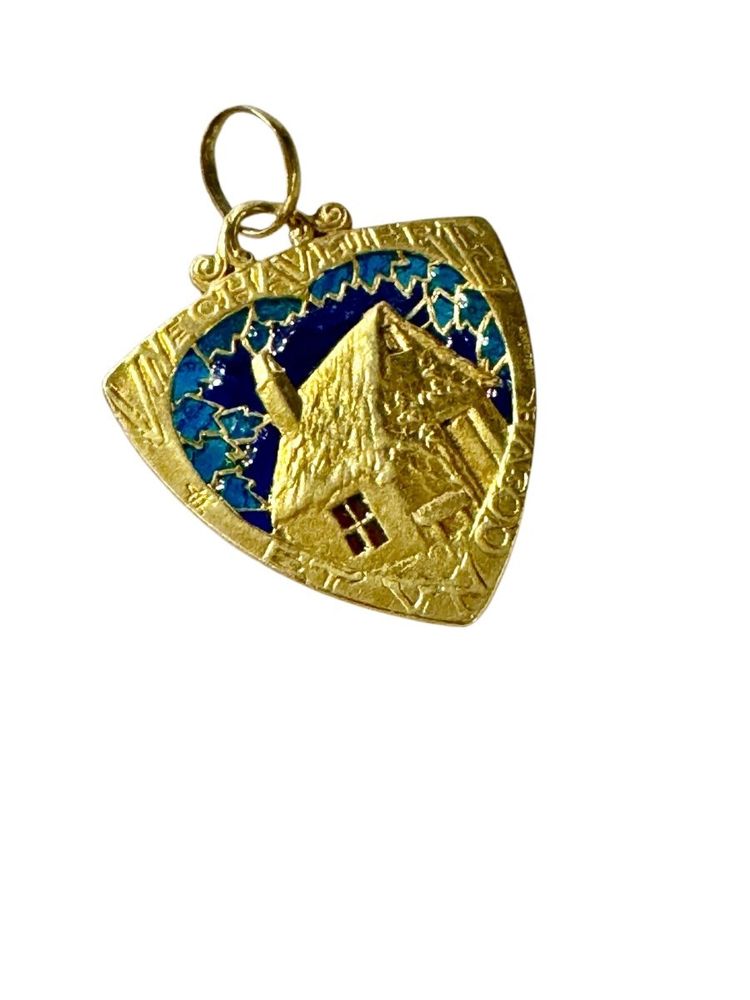 Medaglia d'amore: una casetta e un cuore in oro e smalto Art Nouveau