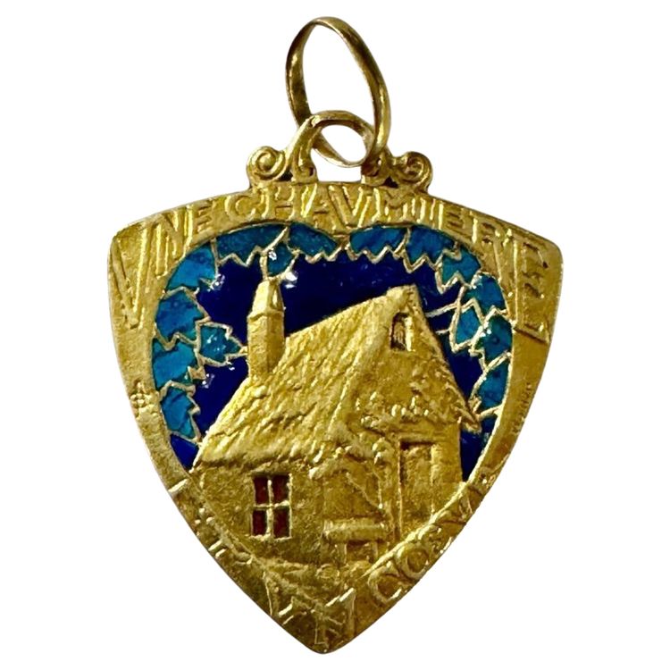 Medaglia d'amore: una casetta e un cuore in oro e smalto Art Nouveau