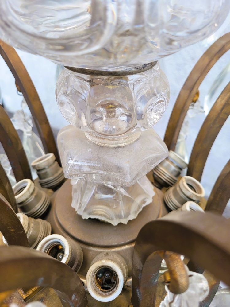 Grand Lustre Cage En Bronze Et Cristal (h142cm), XXème Siècle