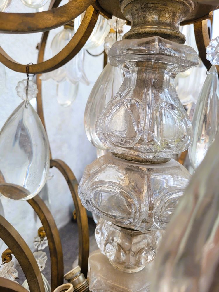 Grand Lustre Cage En Bronze Et Cristal (h142cm), XXème Siècle