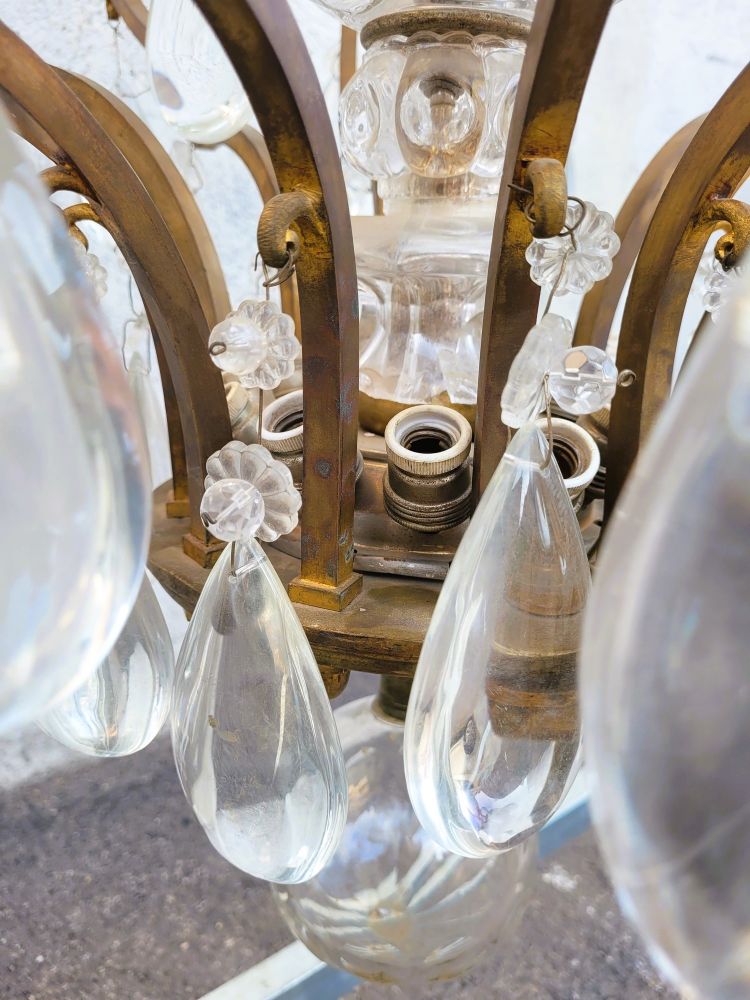 Grand Lustre Cage En Bronze Et Cristal (h142cm), XXème Siècle