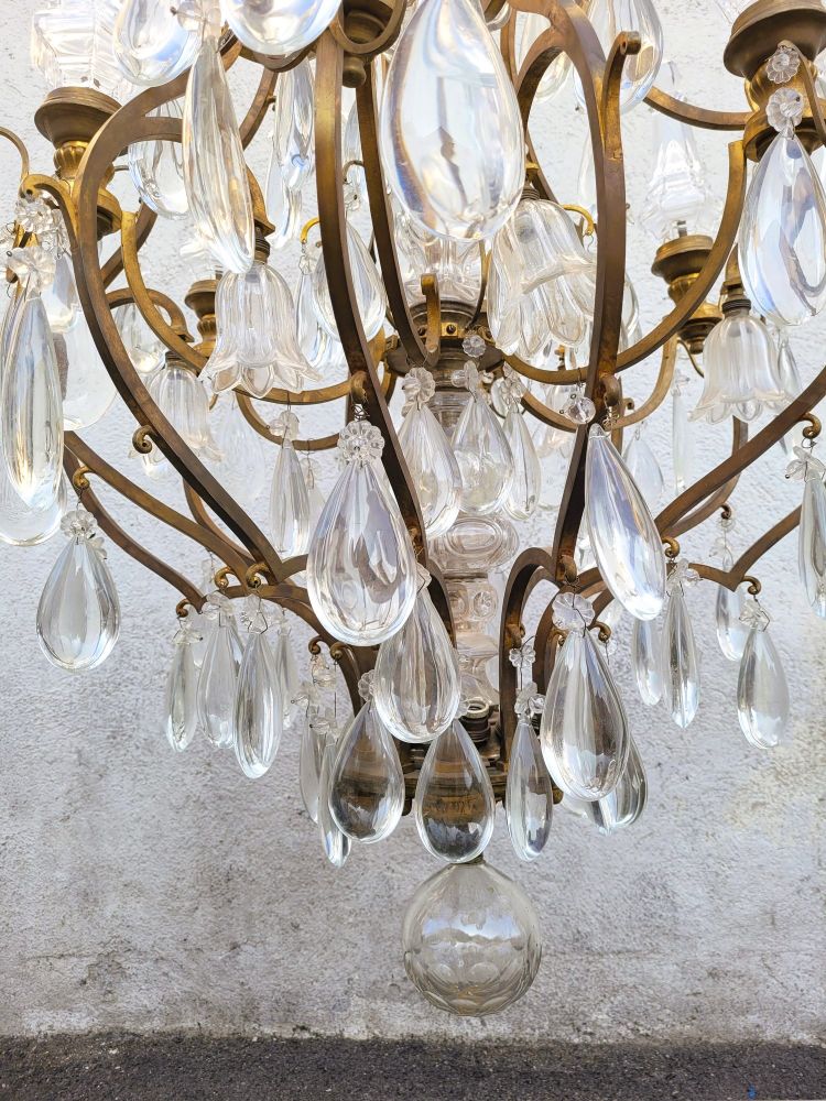 Grand Lustre Cage En Bronze Et Cristal (h142cm), XXème Siècle