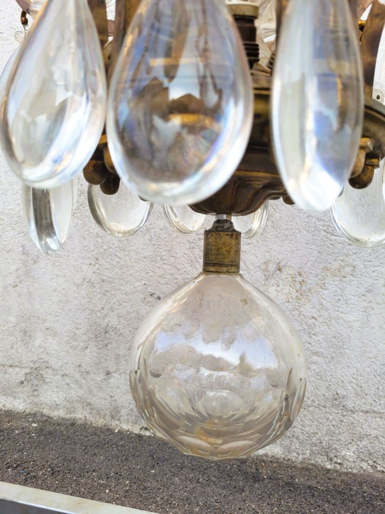 Grand Lustre Cage En Bronze Et Cristal (h142cm), XXème Siècle