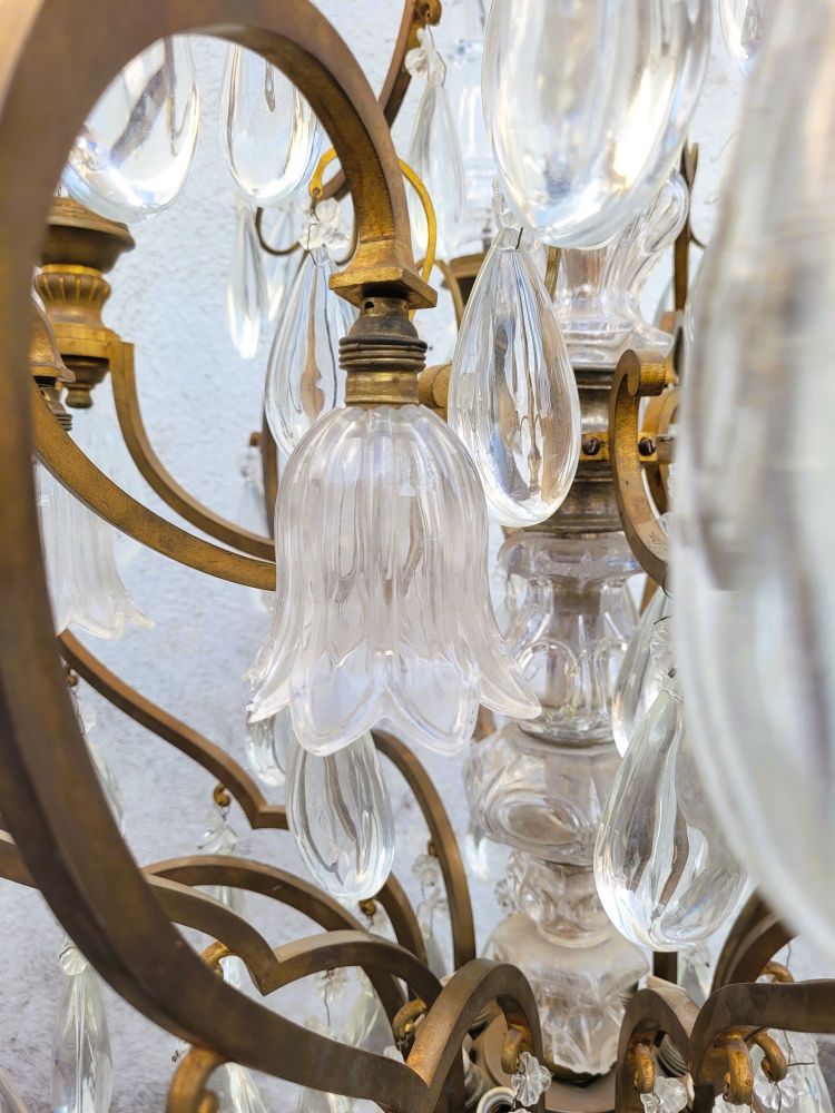Grand Lustre Cage En Bronze Et Cristal (h142cm), XXème Siècle