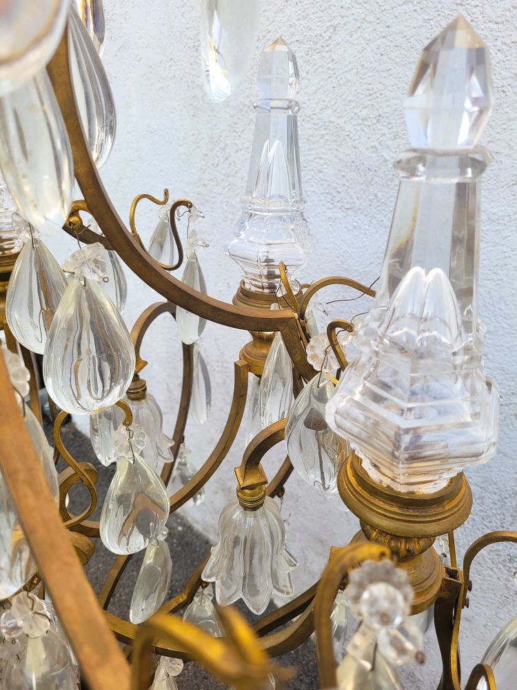 Grand Lustre Cage En Bronze Et Cristal (h142cm), XXème Siècle