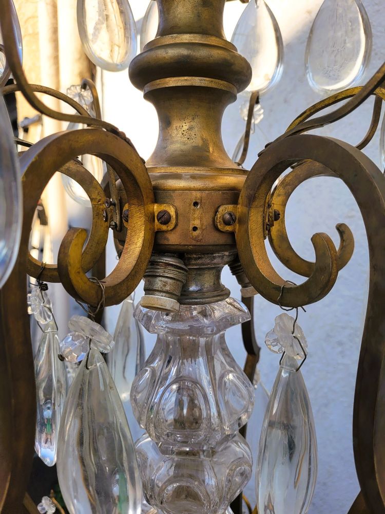 Grand Lustre Cage En Bronze Et Cristal (h142cm), XXème Siècle