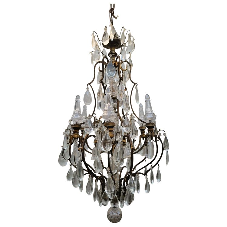 Grand Lustre Cage En Bronze Et Cristal (h142cm), XXème Siècle