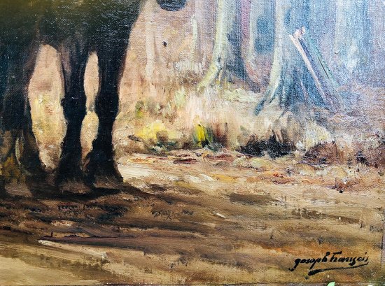 " L'attelage de chevaux ", huile sur panneau d'acajou signée Joseph François, fin XIXème