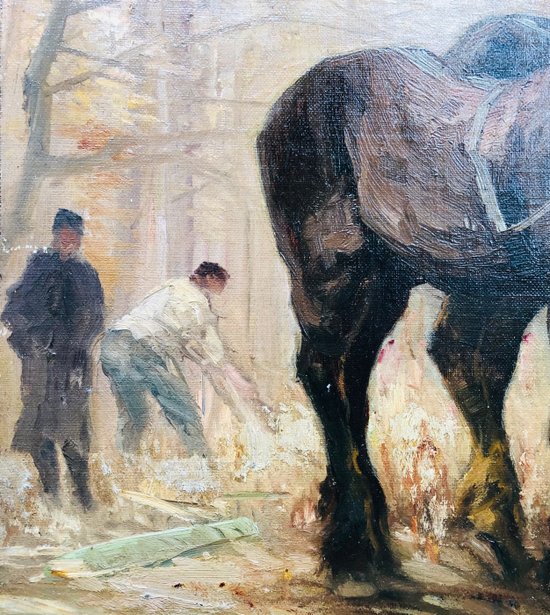 " L'attelage de chevaux ", huile sur panneau d'acajou signée Joseph François, fin XIXème