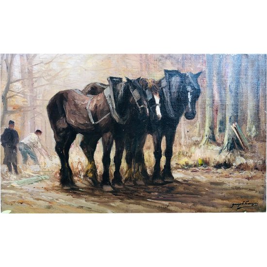 " L'attelage de chevaux ", huile sur panneau d'acajou signée Joseph François, fin XIXème