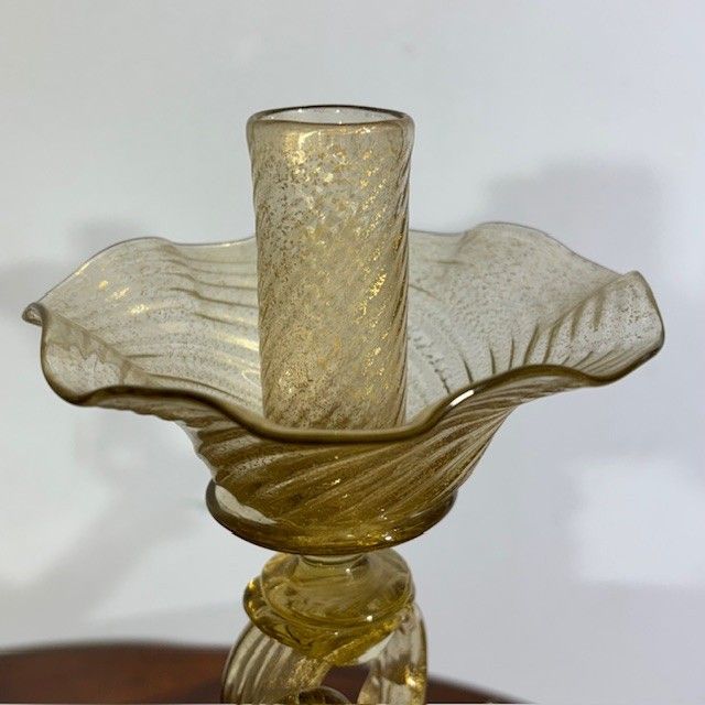Pair of Murano glass candlesticks / candlesticks dolphins. Salviati manufacture 30s with gold dust