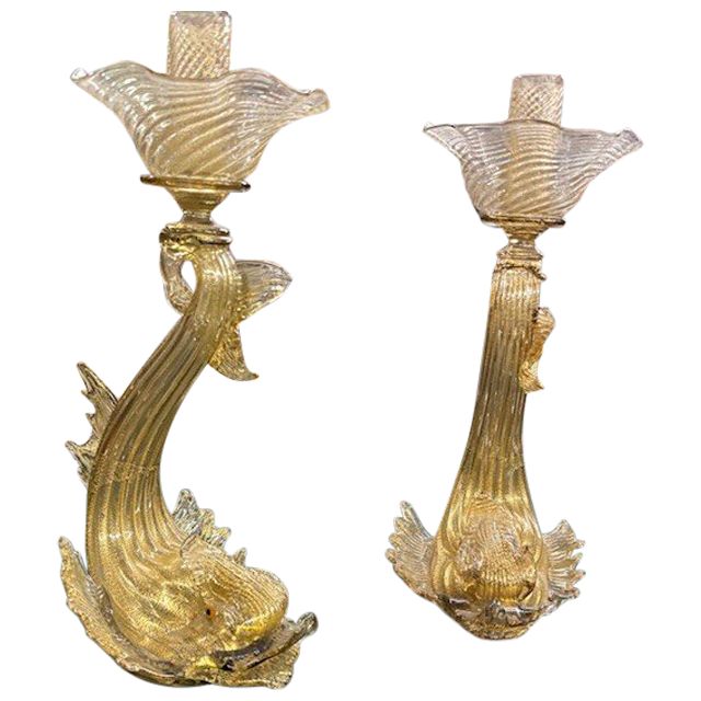 Pair of Murano glass candlesticks / candlesticks dolphins. Salviati manufacture 30s with gold dust