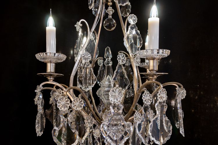 Signed by the Cristalleries de Baccarat, small silver-plated bronze and cut crystal cage chandelier