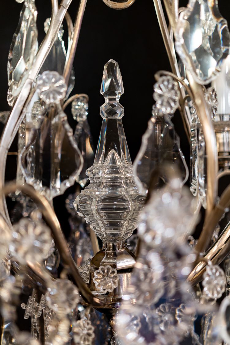 Signed by the Cristalleries de Baccarat, small silver-plated bronze and cut crystal cage chandelier