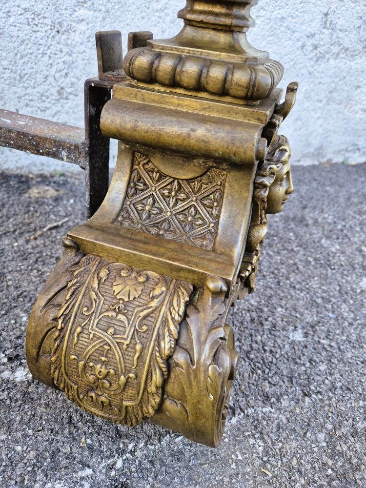Pair of Louis XIV Style Bronze and Iron Andirons, 19th Century