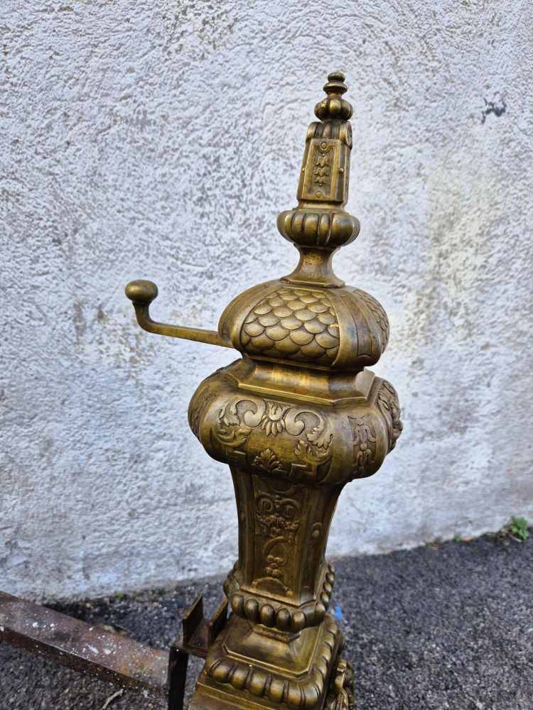 Pair of Louis XIV Style Bronze and Iron Andirons, 19th Century