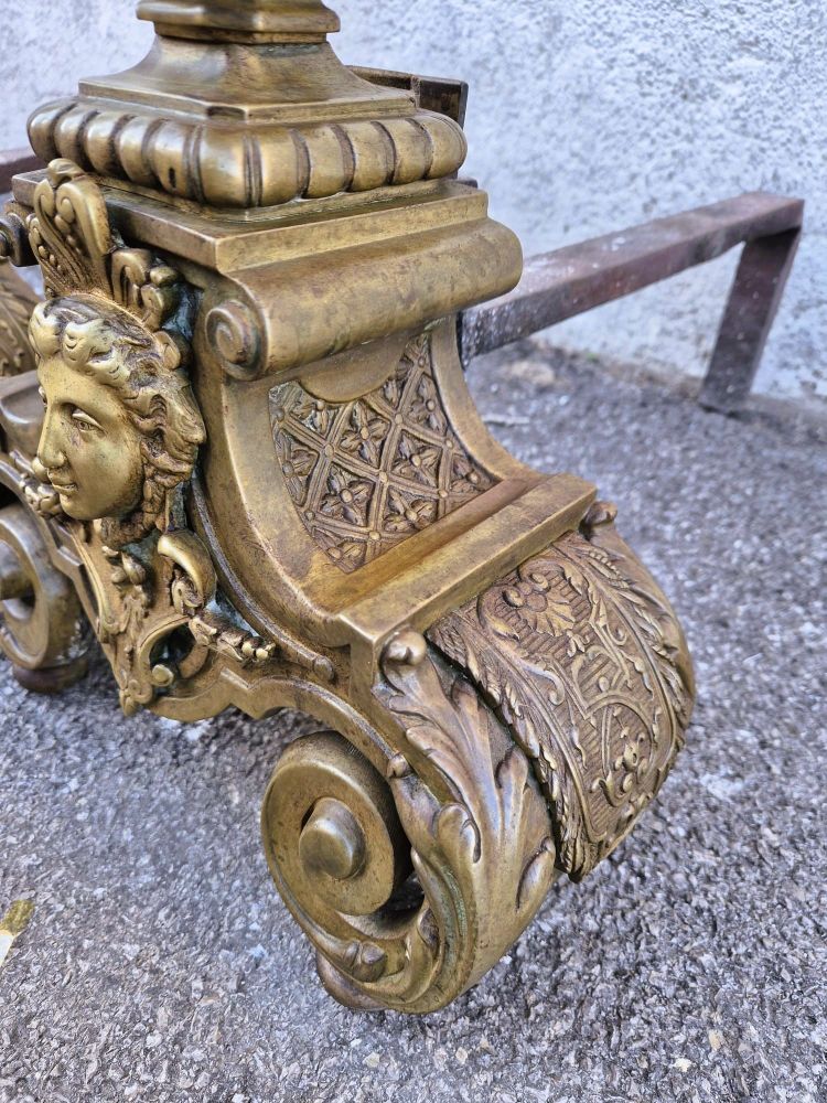 Pair of Louis XIV Style Bronze and Iron Andirons, 19th Century