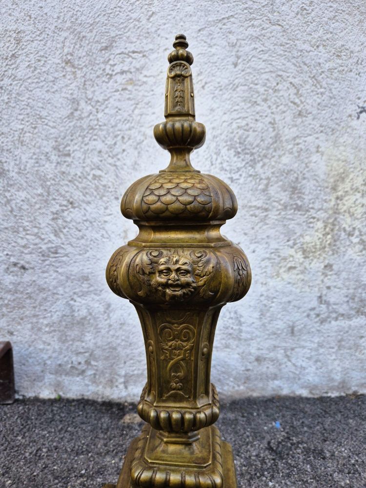 Pair of Louis XIV Style Bronze and Iron Andirons, 19th Century