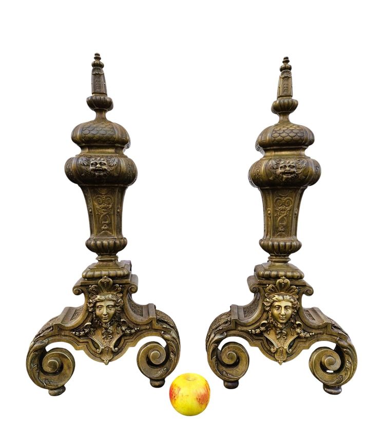 Pair of Louis XIV Style Bronze and Iron Andirons, 19th Century