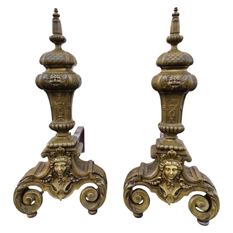 Pair of Louis XIV Style Bronze and Iron Andirons, 19th Century