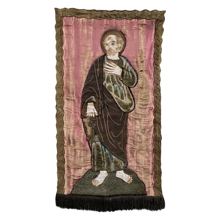 Ricamo ad arazzo in filo di seta raffigurante San Pietro XVII secolo