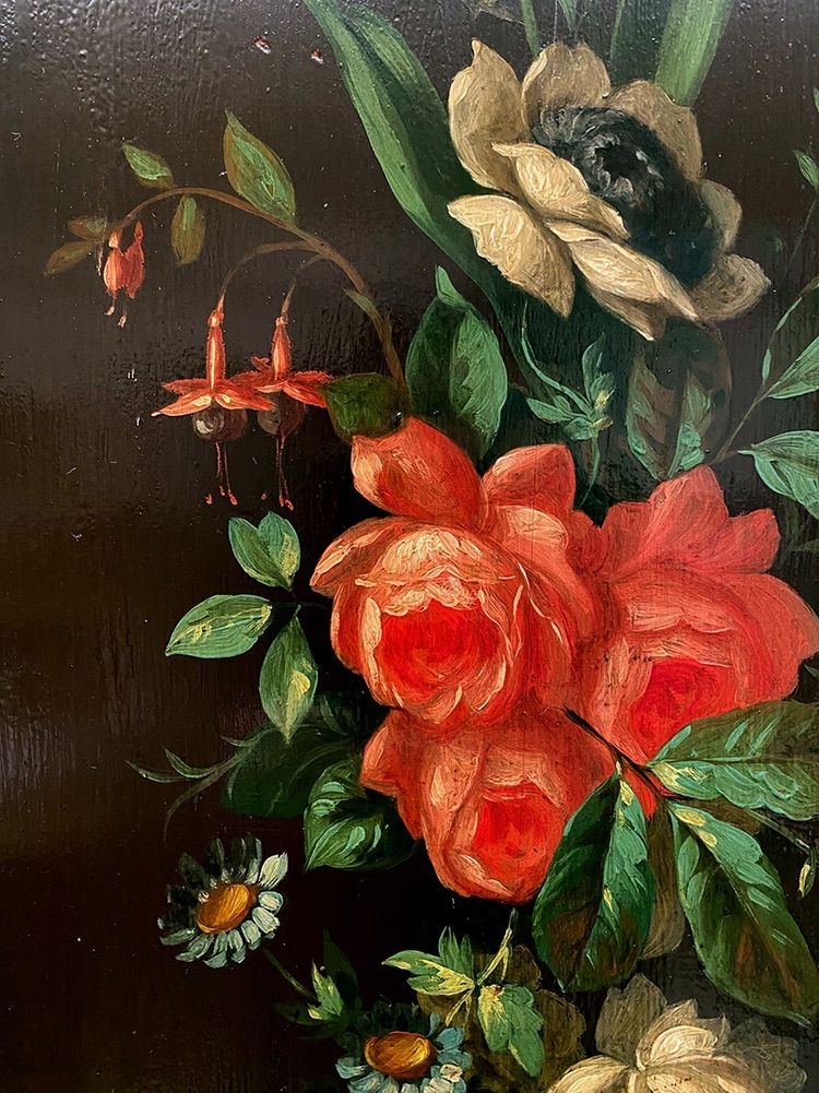 Two antique woodwork panels, lacquered with flower decoration