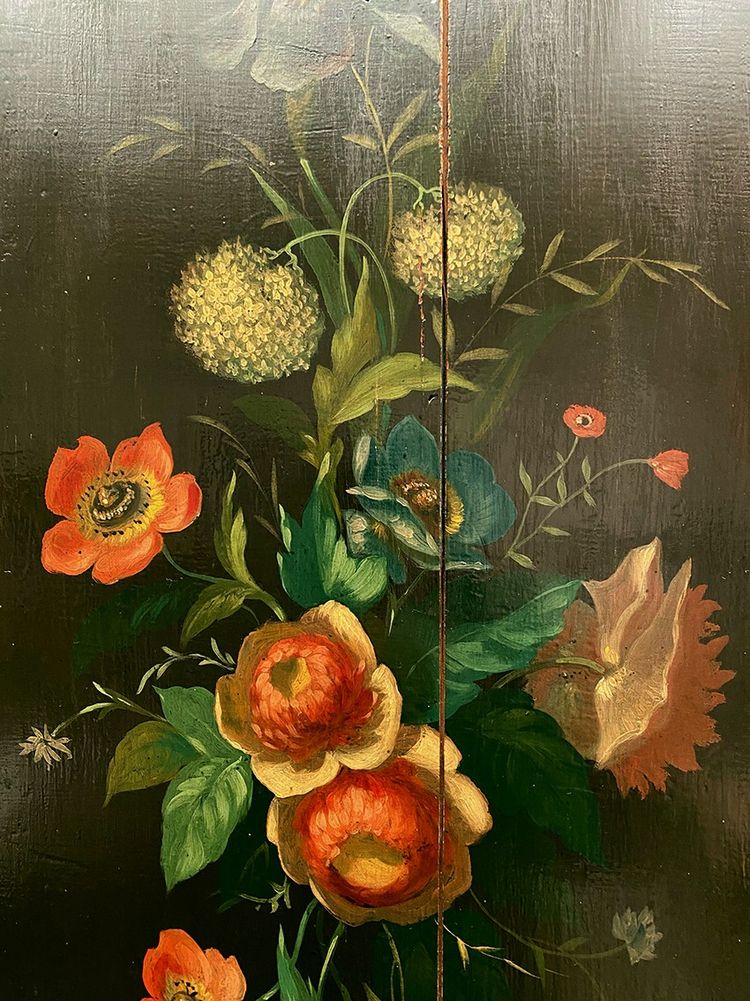 Two antique woodwork panels, lacquered with flower decoration