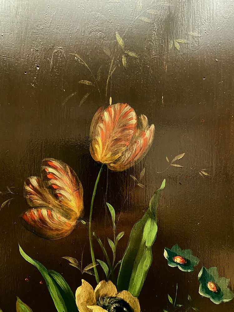 Two antique woodwork panels, lacquered with flower decoration