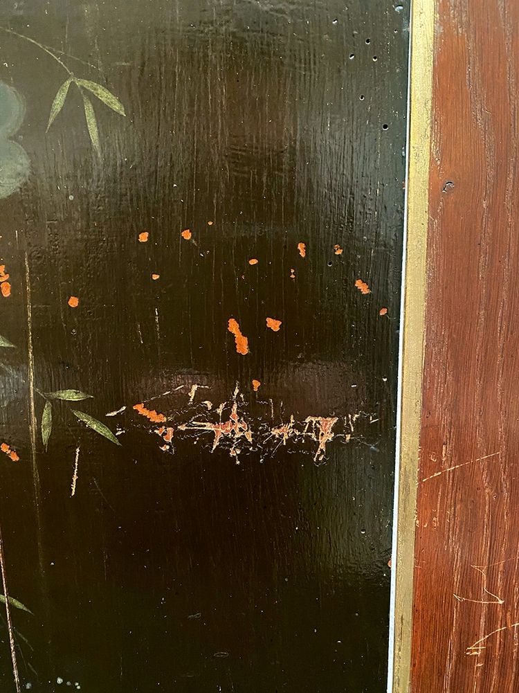 Two antique woodwork panels, lacquered with flower decoration