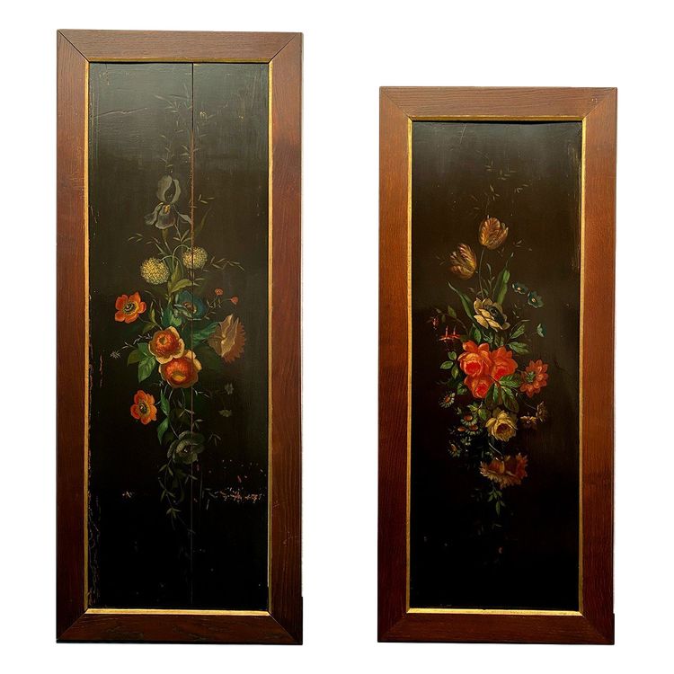 Two antique woodwork panels, lacquered with flower decoration