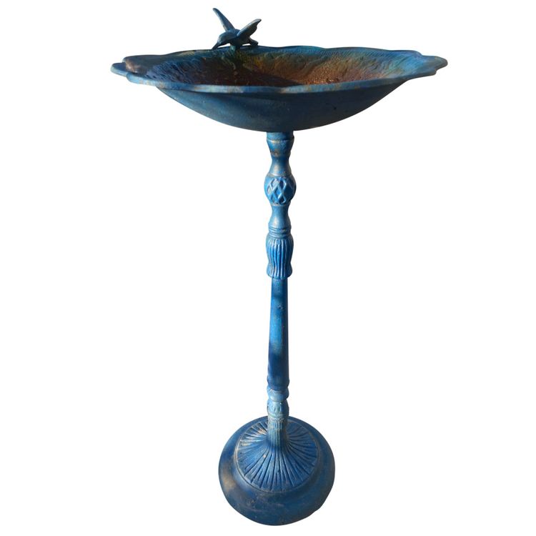 Bellissimo bagno per uccelli decorato su un supporto in ghisa Napoleone III laccato in blu intenso