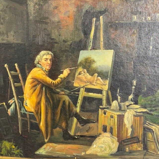 Peinture ancienne à l'huile sur bois. Atelier de l'artiste. Epoque 1850 avec cadre doré ancien. Taille 64 x 50 .