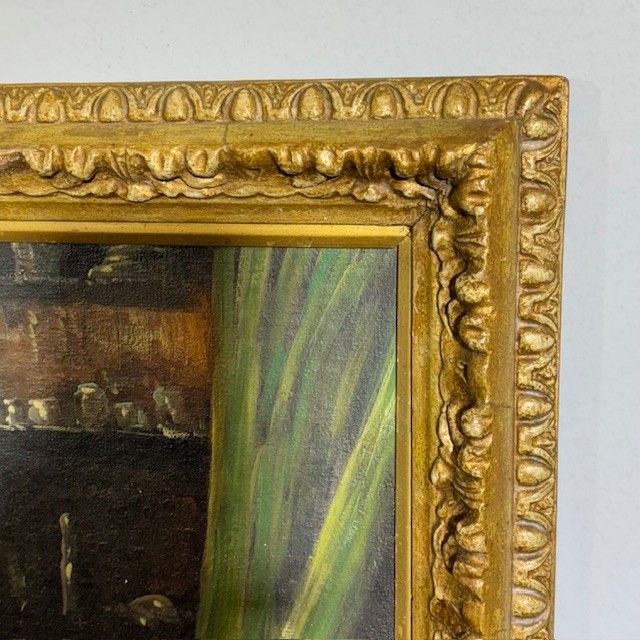 Peinture ancienne à l'huile sur bois. Atelier de l'artiste. Epoque 1850 avec cadre doré ancien. Taille 64 x 50 .