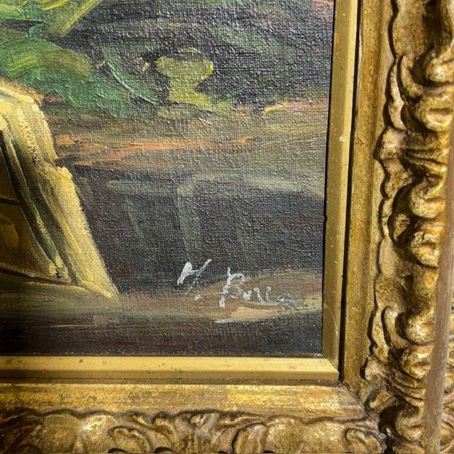 Peinture ancienne à l'huile sur bois. Atelier de l'artiste. Epoque 1850 avec cadre doré ancien. Taille 64 x 50 .