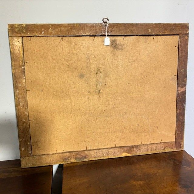 Peinture ancienne à l'huile sur bois. Atelier de l'artiste. Epoque 1850 avec cadre doré ancien. Taille 64 x 50 .