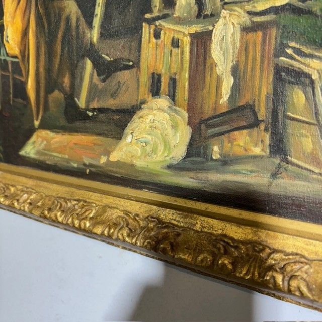 Peinture ancienne à l'huile sur bois. Atelier de l'artiste. Epoque 1850 avec cadre doré ancien. Taille 64 x 50 .