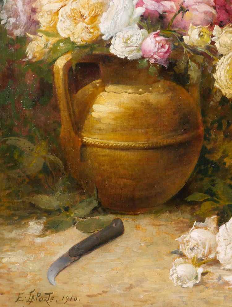 Emile Laporte 1841-1919 Blumenstillleben (Rosen), großes Gemälde, 1910, Garten