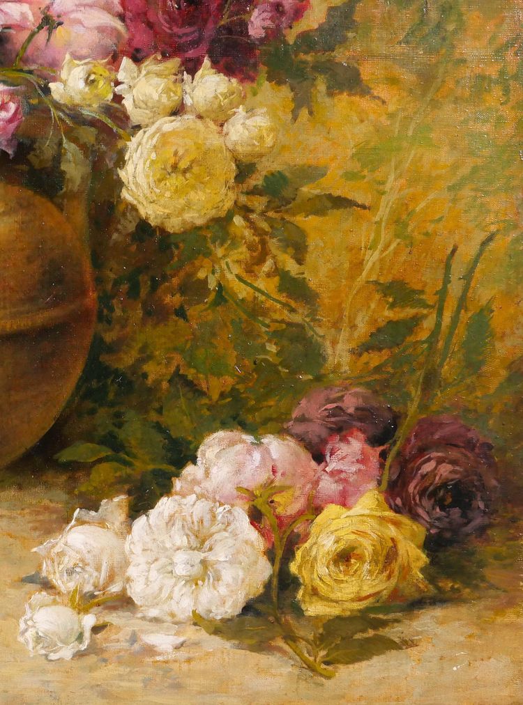 Emile Laporte 1841-1919 Blumenstillleben (Rosen), großes Gemälde, 1910, Garten