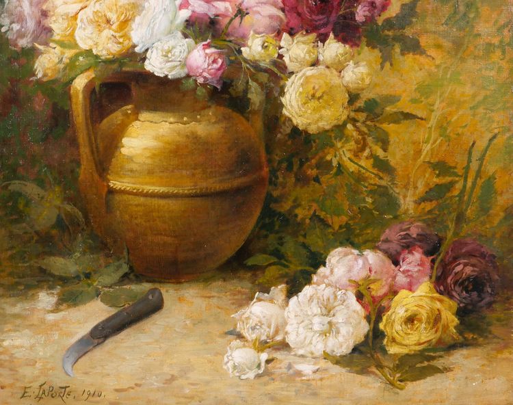 Emile Laporte 1841-1919 Blumenstillleben (Rosen), großes Gemälde, 1910, Garten