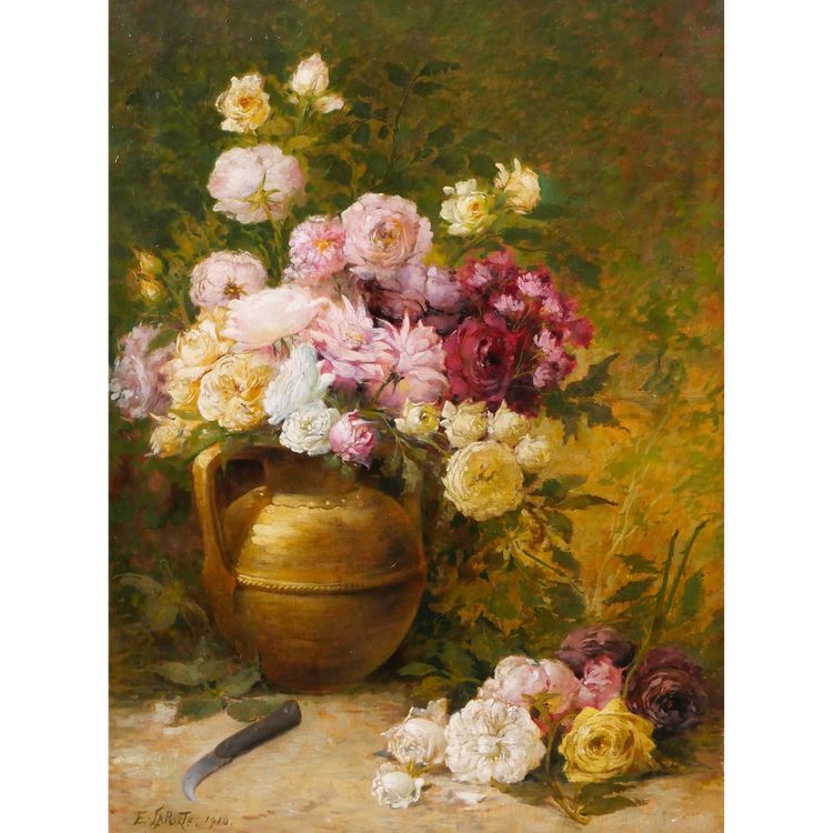 Emile Laporte 1841-1919 Blumenstillleben (Rosen), großes Gemälde, 1910, Garten