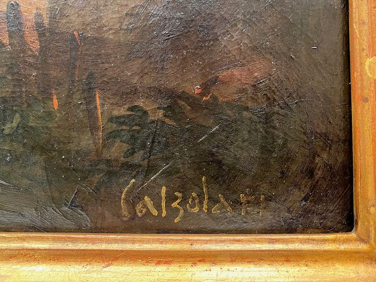 Ida CALZOLARI (nata nel 1936), Paesaggio animato, grande olio su tela