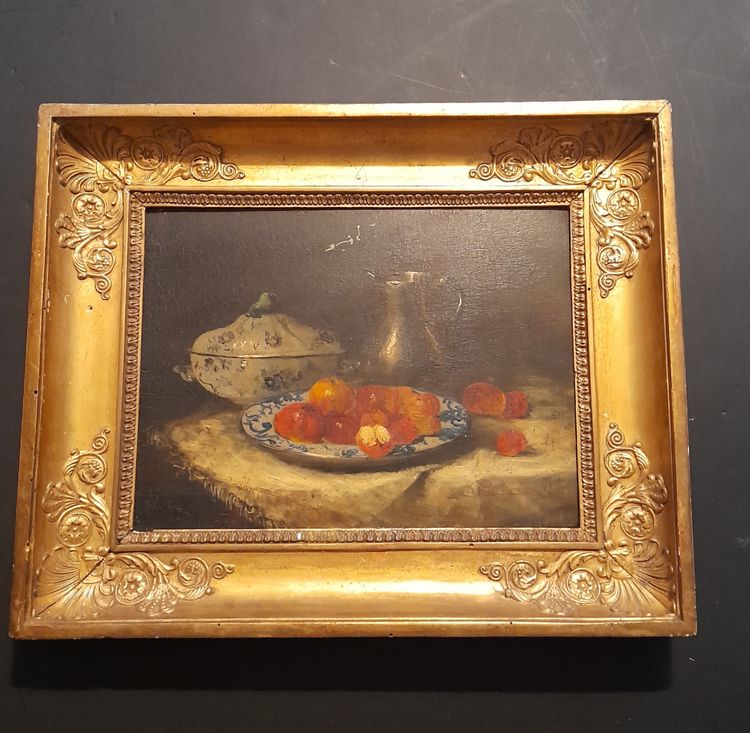  dipinto natura morta con frutta olio su tavola con cornice in legno dorato