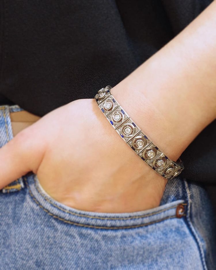 Bracciale Art Déco in argento con zaffiri e diamanti, Gioielli Art Déco