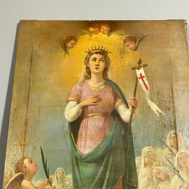 Ancienne peinture à l'huile du XVIIe siècle représentant Sainte Ursule et les onze vierges. École siennoise. Dimensions : 60 x 45