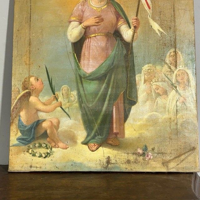 Ancienne peinture à l'huile du XVIIe siècle représentant Sainte Ursule et les onze vierges. École siennoise. Dimensions : 60 x 45