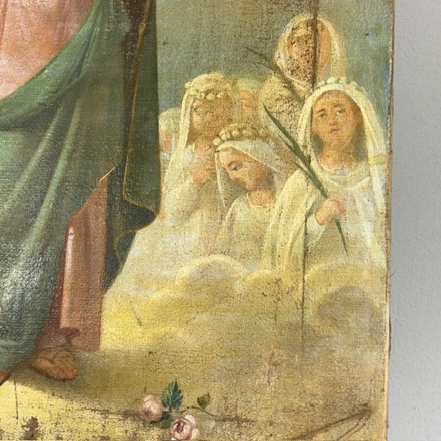 Ancienne peinture à l'huile du XVIIe siècle représentant Sainte Ursule et les onze vierges. École siennoise. Dimensions : 60 x 45