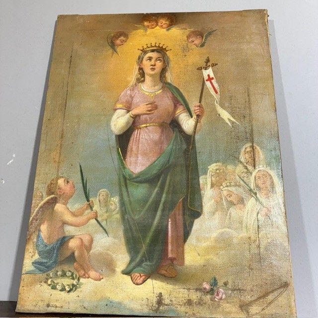 Ancienne peinture à l'huile du XVIIe siècle représentant Sainte Ursule et les onze vierges. École siennoise. Dimensions : 60 x 45