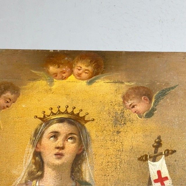 Ancienne peinture à l'huile du XVIIe siècle représentant Sainte Ursule et les onze vierges. École siennoise. Dimensions : 60 x 45