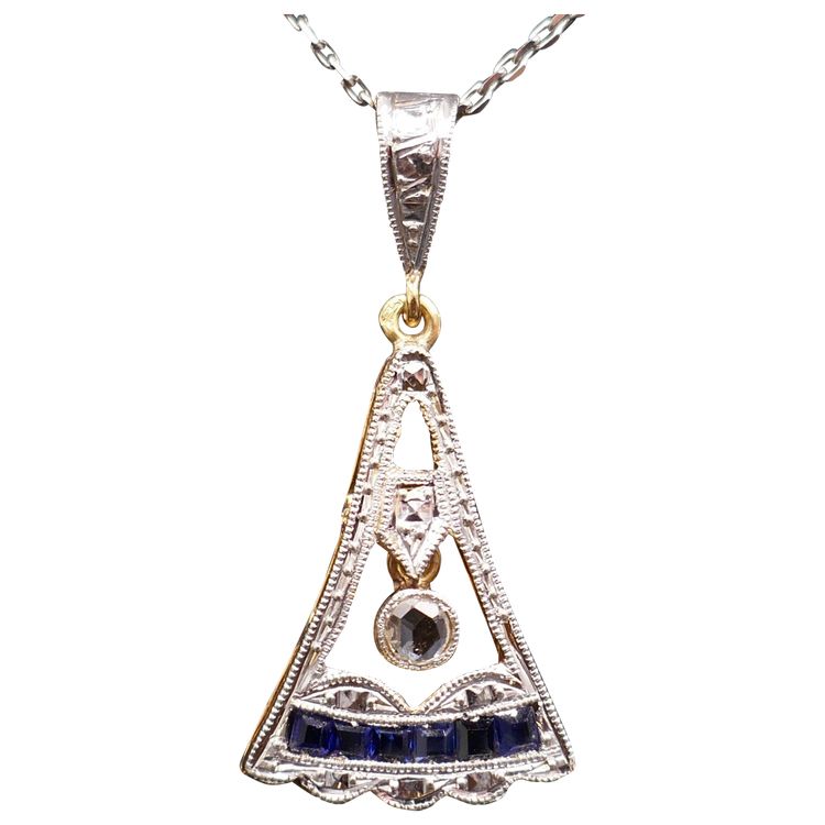 Pendentif Art Déco Diamant Et Saphir Calibrés, Or 18 Carats.