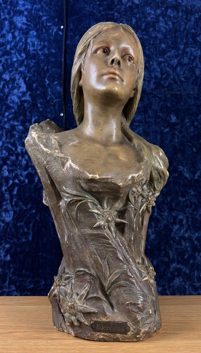 d'Après Villanis : Busto in terracotta periodo Art Nouveau Circa 1900 / H52cm